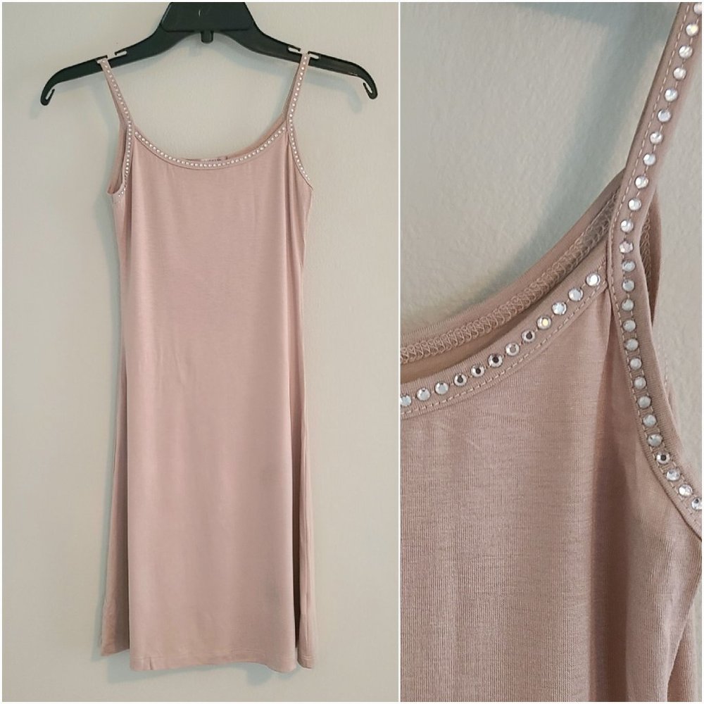 NEW InJoy Clothing Nude Beige Rhinestone Trim Spaghetti Strap Bodycon Mini Dress